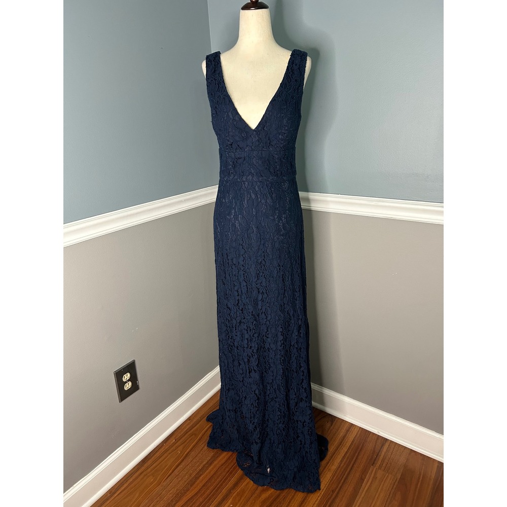 Hayley Paige Occasions 52203 Navy Blue floral lace V-Neck Gown Dress 10